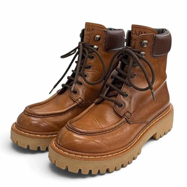 Prada Logo Embossed Lace-up Leather Ankle Boots Short Brown IT in Brown Leather from The Reluxe, photo 1 of 1