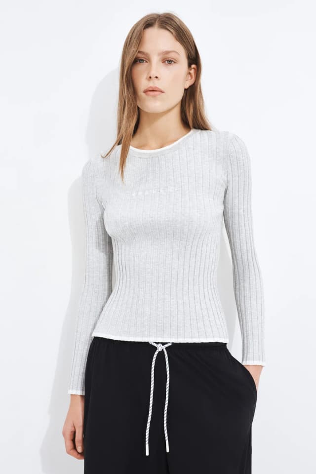 Athletica Long Sleeve Rib Knit Top in LIGHT GREY MARLE, image 1 of 1 from Aje