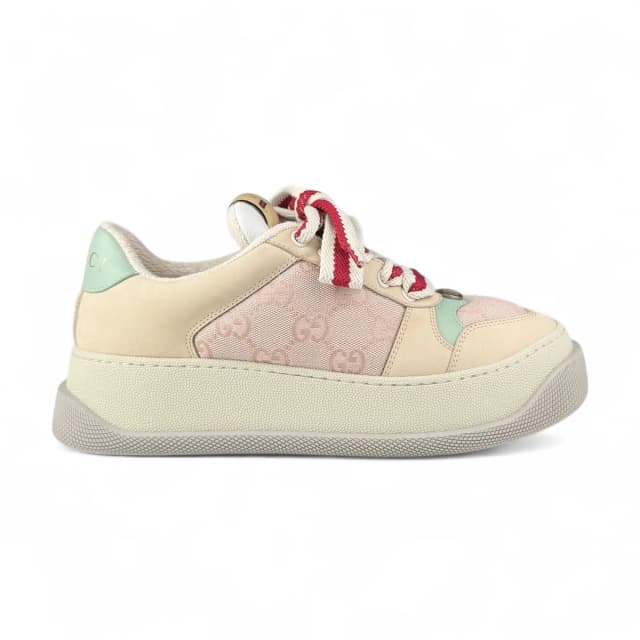 Gucci Pink & Beige Padded Canvas & Leather Screener Sneakers in Beige Canvas Leather Rubber from Designer Archives, photo 1 of 1
