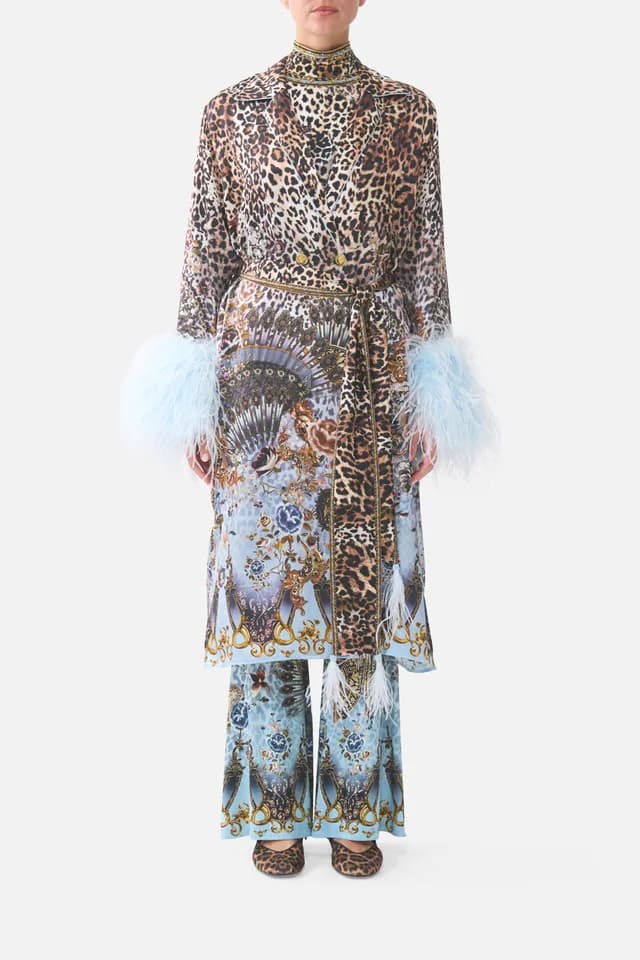 Camilla eBoutique SPLIT CUFF SOFT COAT WITH FEATHERS FIESTA, SIESTA, REPEAT, image 1 of 1 from CAMILLA
