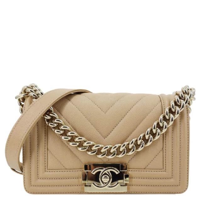 Chanel Boy Flap Small Chevron Leather Shoulder Bag Beige in Beige Leather from Dallas Designer Handbags, photo 1 of 1