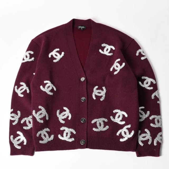 Chanel All Over CC Mark Glitter Cashmere Cardigan Burgundy Silver in Burgundy Cashmere from The Reluxe, photo 1 of 1
