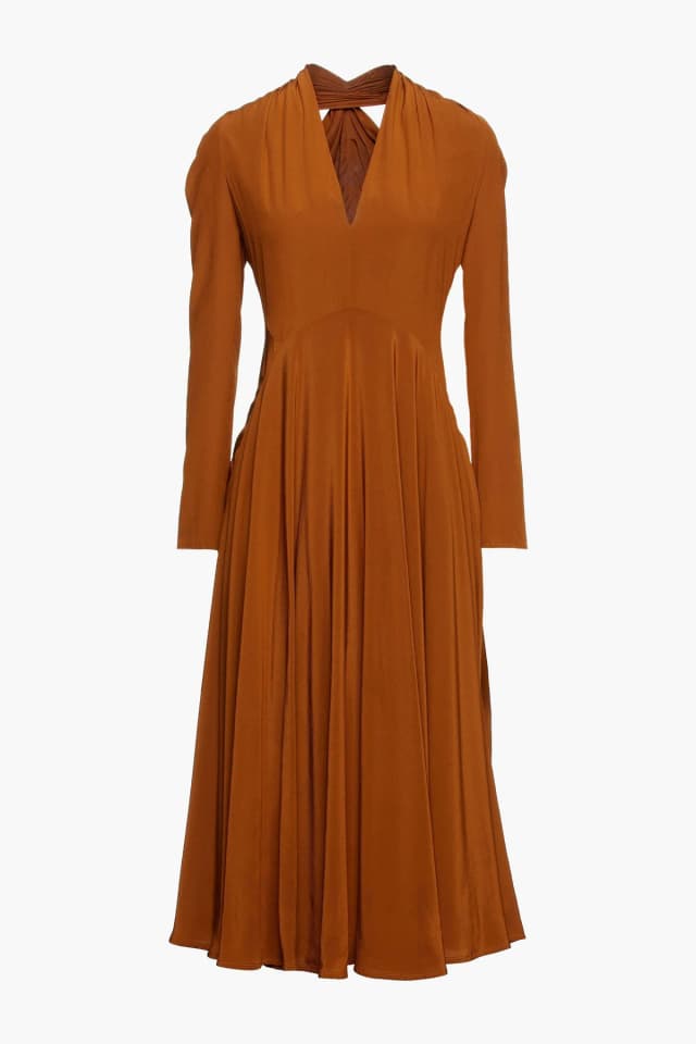 Victoria Beckham Cutout Silk Crepe de Chine Midi Dress in Tan, image 1 of 1 from THE OUTNET
