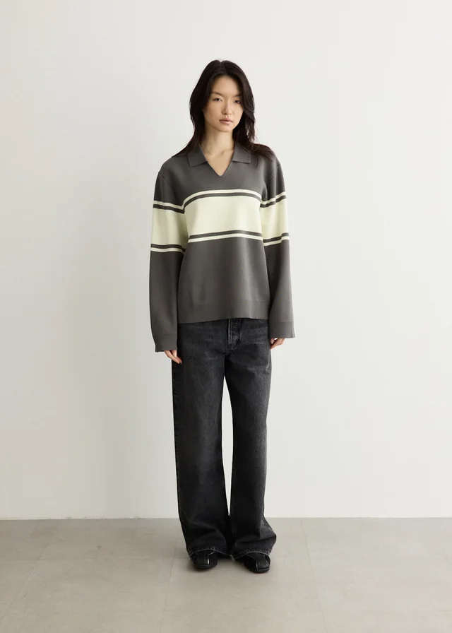 Samsoe Samsoe Saanne Polo Sweater in GUNMETAL WIDE ST, image 1 of 1 from Incu