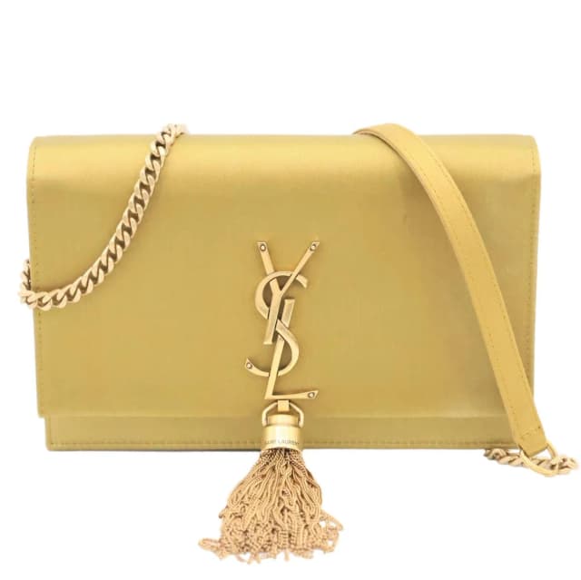 Saint Laurent Kate Tassel Satin Chain Crossbody Bag Gold in Gold Satin from Dallas Designer Handbags, photo 1 of 1