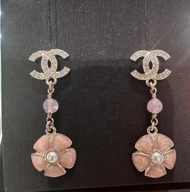 Chanel Drop Earrings Crystal CC with Pink Flower and Pearls in Pink from Luxury Promise, photo 1 of 1