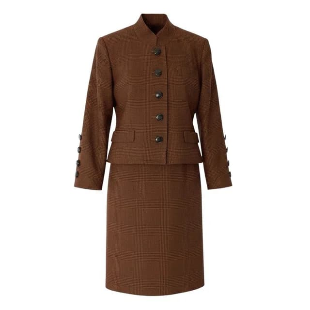 Saint Laurent Set Skirt Suit Plaid Stand Collar Jacket Knee Length S Brown Wool in Brown Wool from The Reluxe, photo 1 of 1