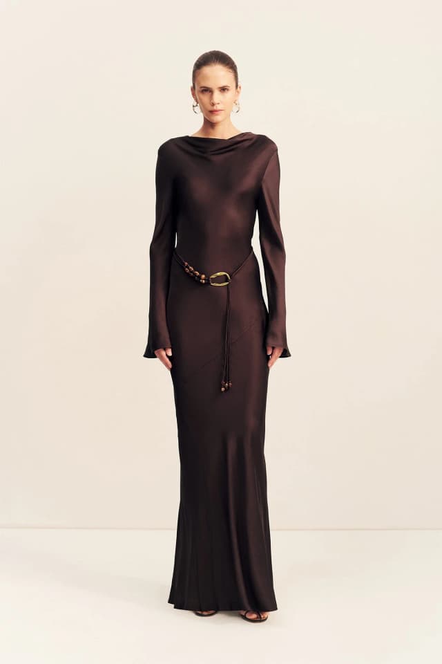 Shona Joy AGNES LONG SLEEVE MAXI DRESS WITH BELT - ESPRESSO, image 1 of 1 from Shona Joy