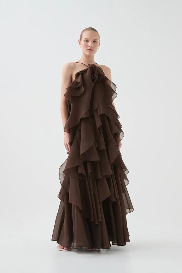 AJE Pandorea Layered Maxi Dress in CAROB, image 1 of 1 from Aje