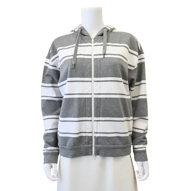 Brunello Cucinelli Gray & White Striped Full Zip Hooded Jacket in White from Clotheshorse Anonymous, photo 1 of 1