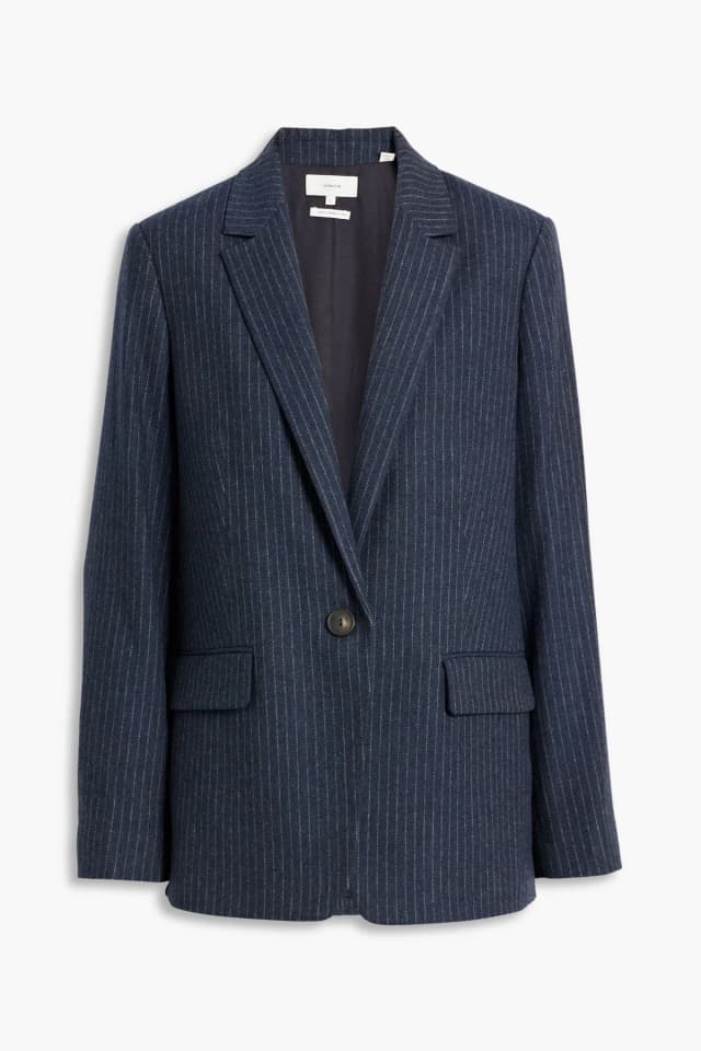 Vince. Pinstriped Woven Blazer in Navy, image 1 of 1 from THE OUTNET