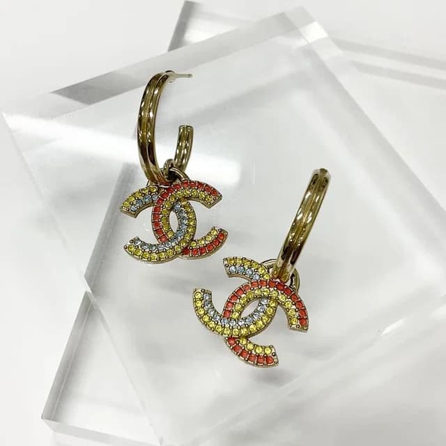 Chanel Earrings CC Logo Hoop Rhinestone Gold Multicolor in Gold from The Reluxe, photo 1 of 1