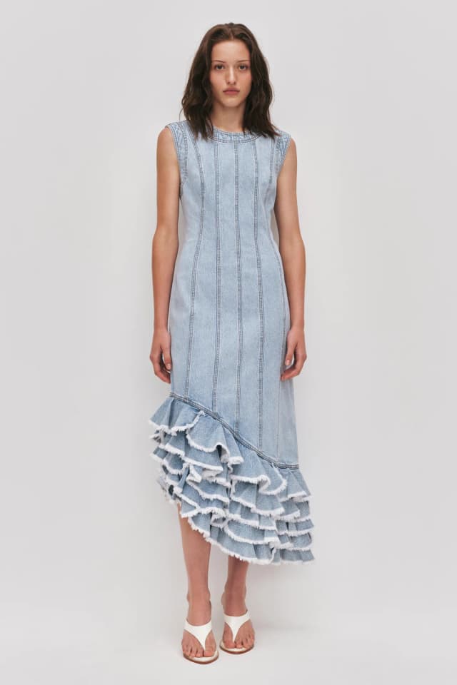 AJE Tia Ruffle Denim Midi Dress in SEASALT, image 1 of 1 from Aje