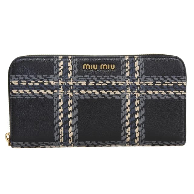Miu Miu Madras ST Check Leather Zip Around Wallet Black Gray Pink in Black Leather from The Reluxe, photo 1 of 1