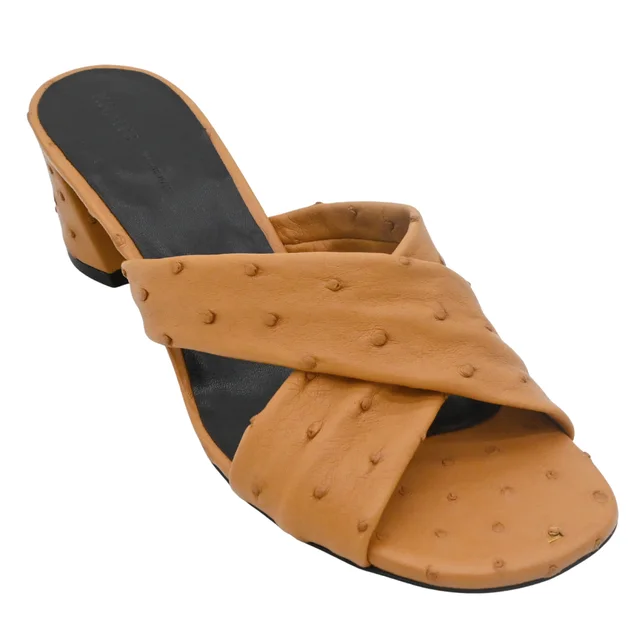 Khaite Liria Tan Ostrich Leather Crisscross Mule Sandals in Brown Ostrich from Clotheshorse Anonymous, photo 1 of 1