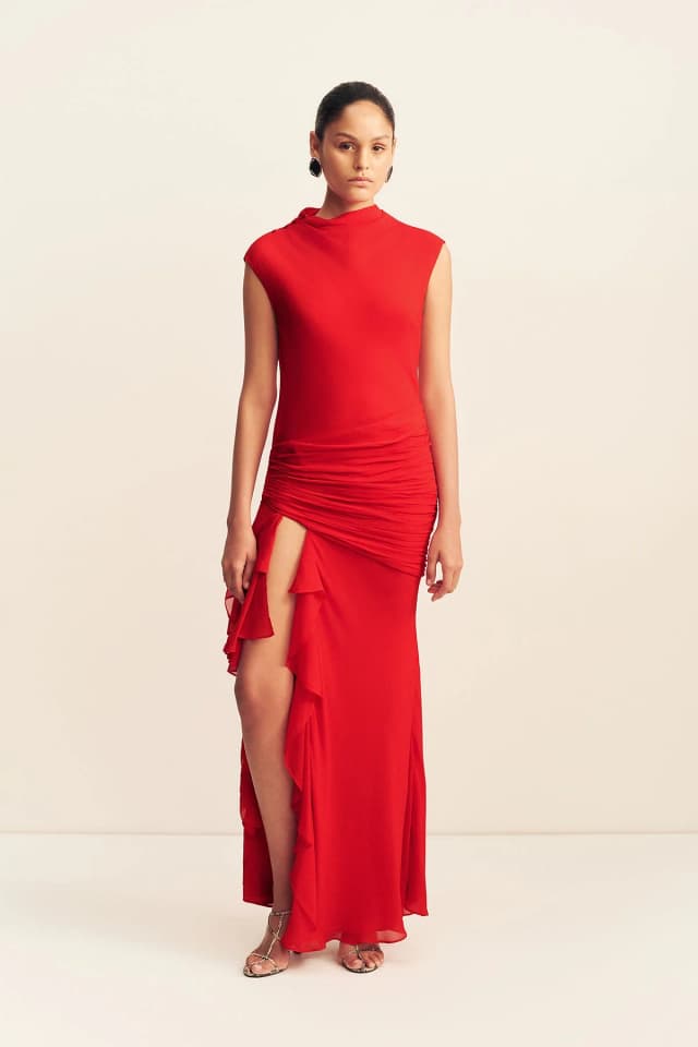 Shona Joy AMINA HIGH NECK RUFFLE MAXI DRESS - CHILLI, image 1 of 1 from Shona Joy