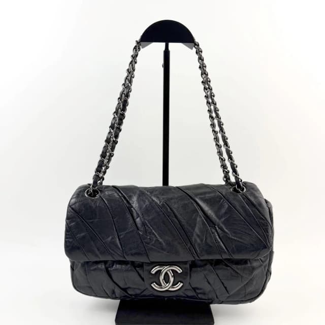 Chanel CC Logo Pleated Chain Shoulder Bag Leather Black Silver Seal Vintage in Black Leather from The Reluxe, photo 1 of 1