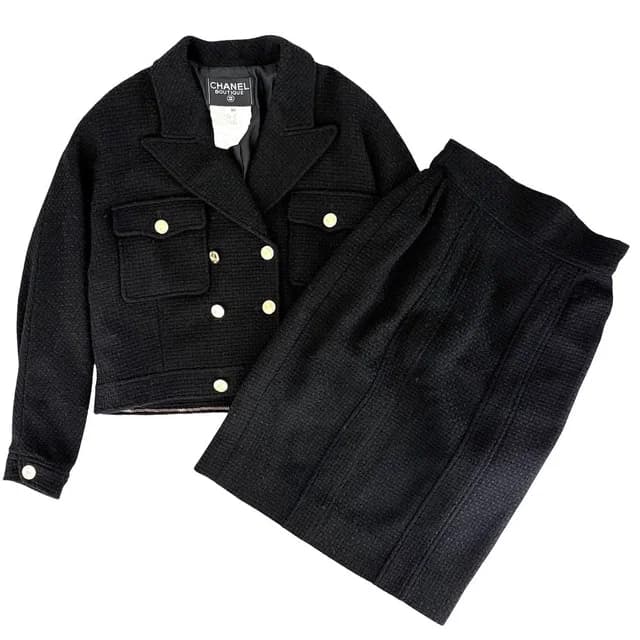 Chanel Set Mademoiselle Button Jacket Skirt Vintage Black Gold Wool Fall 40 in Black Wool from The Reluxe, photo 1 of 1