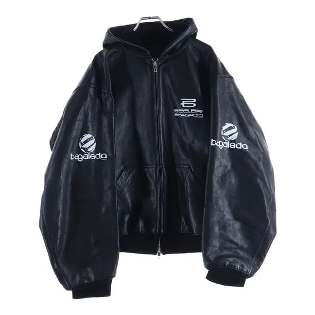 Balenciaga Lined Zip Up Hoodie Front Logo Print Leather Hooded Jacket in Leather from The Reluxe, photo 1 of 1