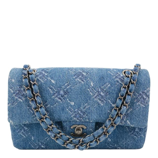 Chanel Double Flap Medium Denim Bleached Chain Shoulder Bag Blue in Blue Denim from Dallas Designer Handbags, photo 1 of 1