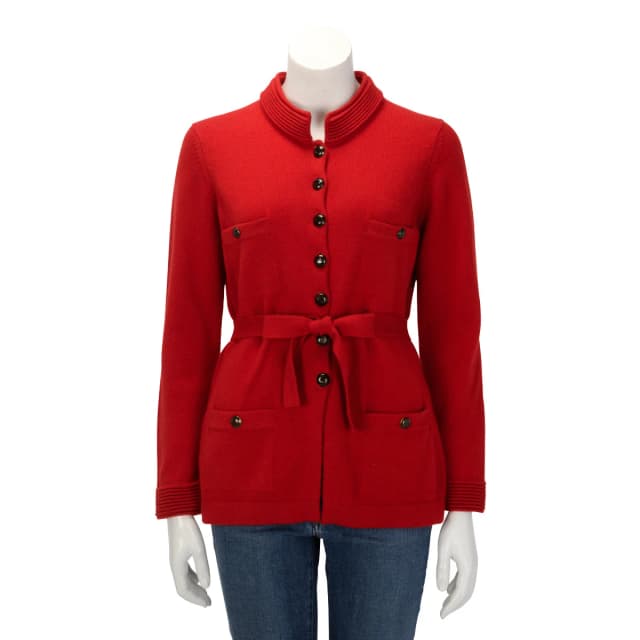 Chanel Belted Mandarin Collar Cardigan Jacket FR 40 in Red Cashmere from Blue Spinach, photo 1 of 1