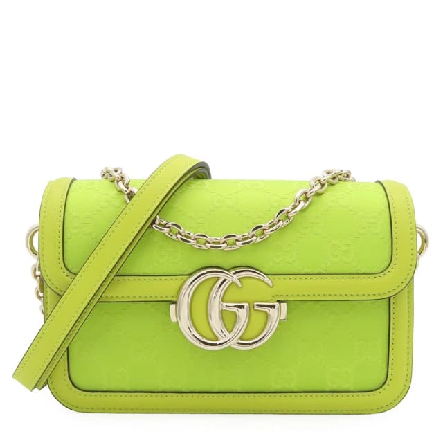 Gucci Go Chain Shoulder Bag Lime Green GG Leather Satin Double G 2-Way in Green Satin from The Reluxe, photo 1 of 1