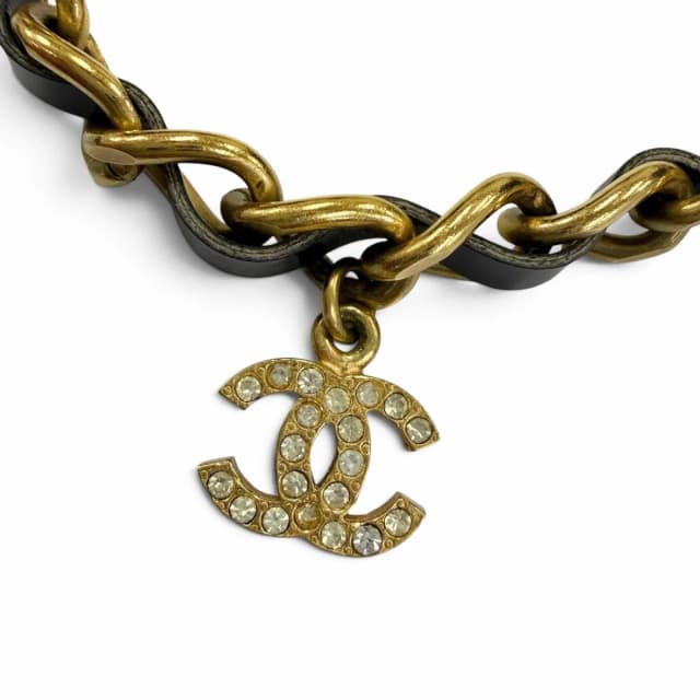 Chanel 96P Vintage Leather CC Logo Rhinestone Chain Belt Choker Necklace Gold in Gold Leather from The Reluxe, photo 1 of 1