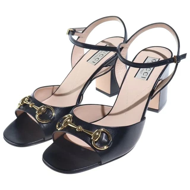 Gucci Horsebit Leather Heels Pumps Mules Shoes Square Toe Gold Black in Black Leather from The Reluxe, photo 1 of 1