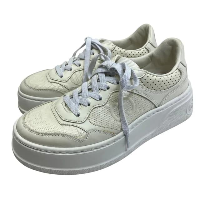 Gucci GG Embossed Sneakers Thick Sole Perforated Leather White Comfortable in White Leather from The Reluxe, photo 1 of 1