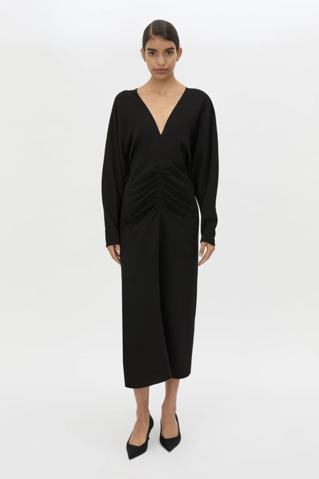 C&M CAMILLA AND MARC SALE Dune Draped Waist Midi Dress in black, image 1 of 1 from Camilla and Marc