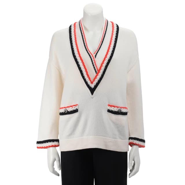 Chanel V-Neck Braided Trim Sweater FR 36 in Cream Cashmere from Blue Spinach, photo 1 of 1
