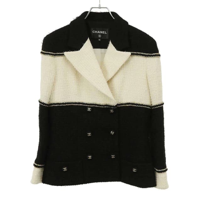 Chanel CC Logo Bicolor Tweed Double Jacket Black White 38 in Black Tweed from The Reluxe, photo 1 of 1