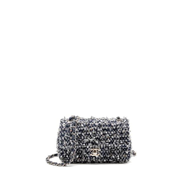 Chanel classic mini rectangular flap bag tweed/flower sequins navy/multicolour SHW (microchip) in Navy Tweed from EMIER, photo 1 of 1