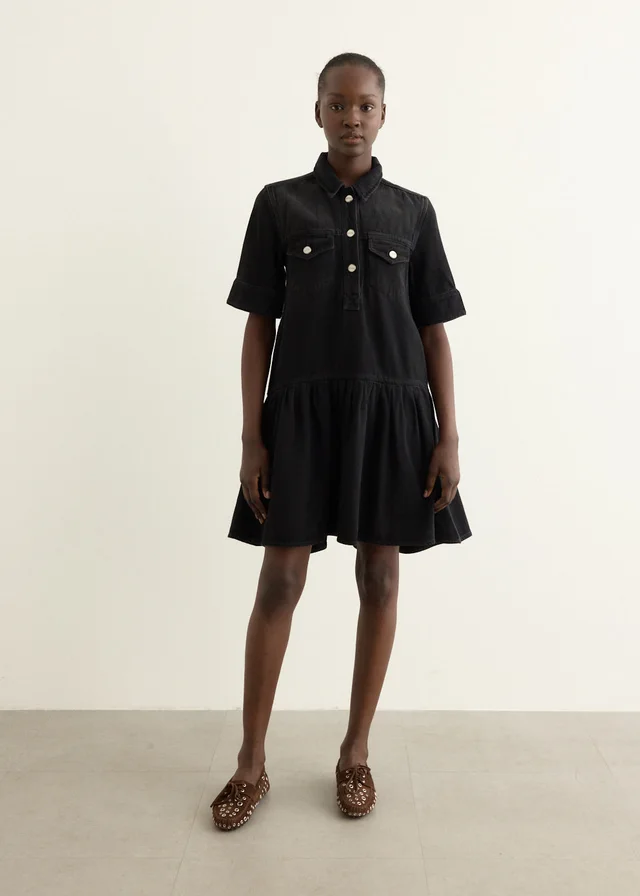 Ganni Soft Rigid Denim Mini Dress in Black Washed 055, image 1 of 1 from Incu