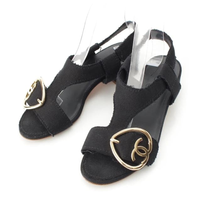 Chanel CC Logo Heart Sandals Black in Black Canvas from The Reluxe, photo 1 of 1