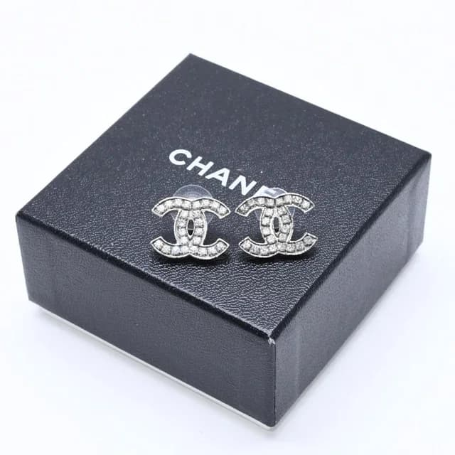 Chanel CC Logo Earrings 08A Stamp Metal Rhinestone Silver in Silver from The Reluxe, photo 1 of 1
