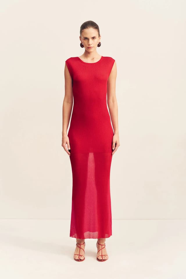 Shona Joy ROHE SHEER KNIT CAP SLEEVE MIDI DRESS - CHERRY, image 1 of 1 from Shona Joy