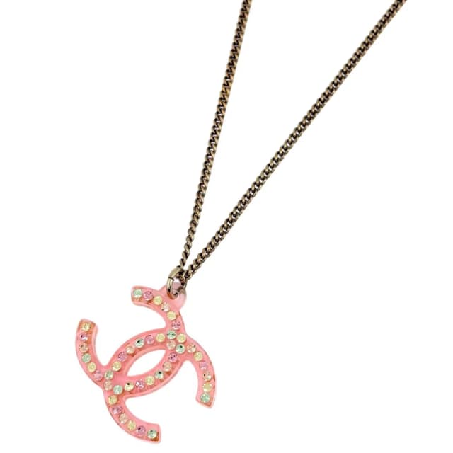 Chanel CC Logo Rhinestone Necklace Plastic Pink Gold in Pink from The Reluxe, photo 1 of 1