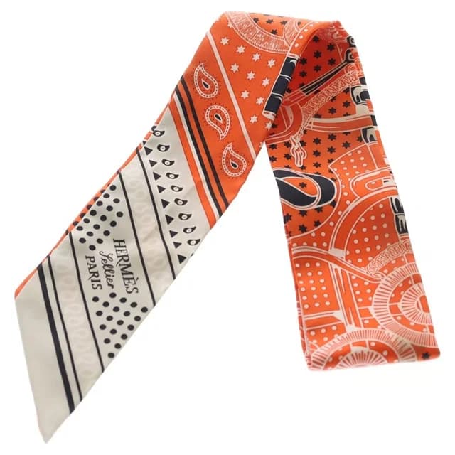Hermès Eperon D'or Cut Apron Cut Bandana Pattern Silk Scarf Orange White in White Silk from The Reluxe, photo 1 of 1