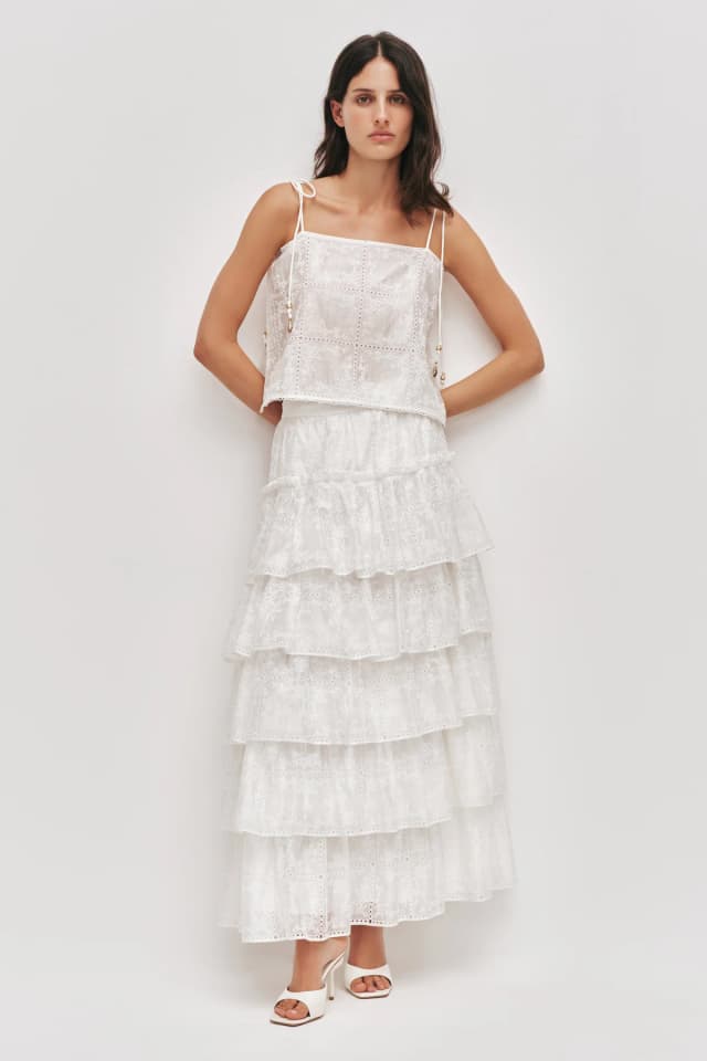AJE Merritt Embroidered Midi Skirt in IVORY, image 1 of 1 from Aje