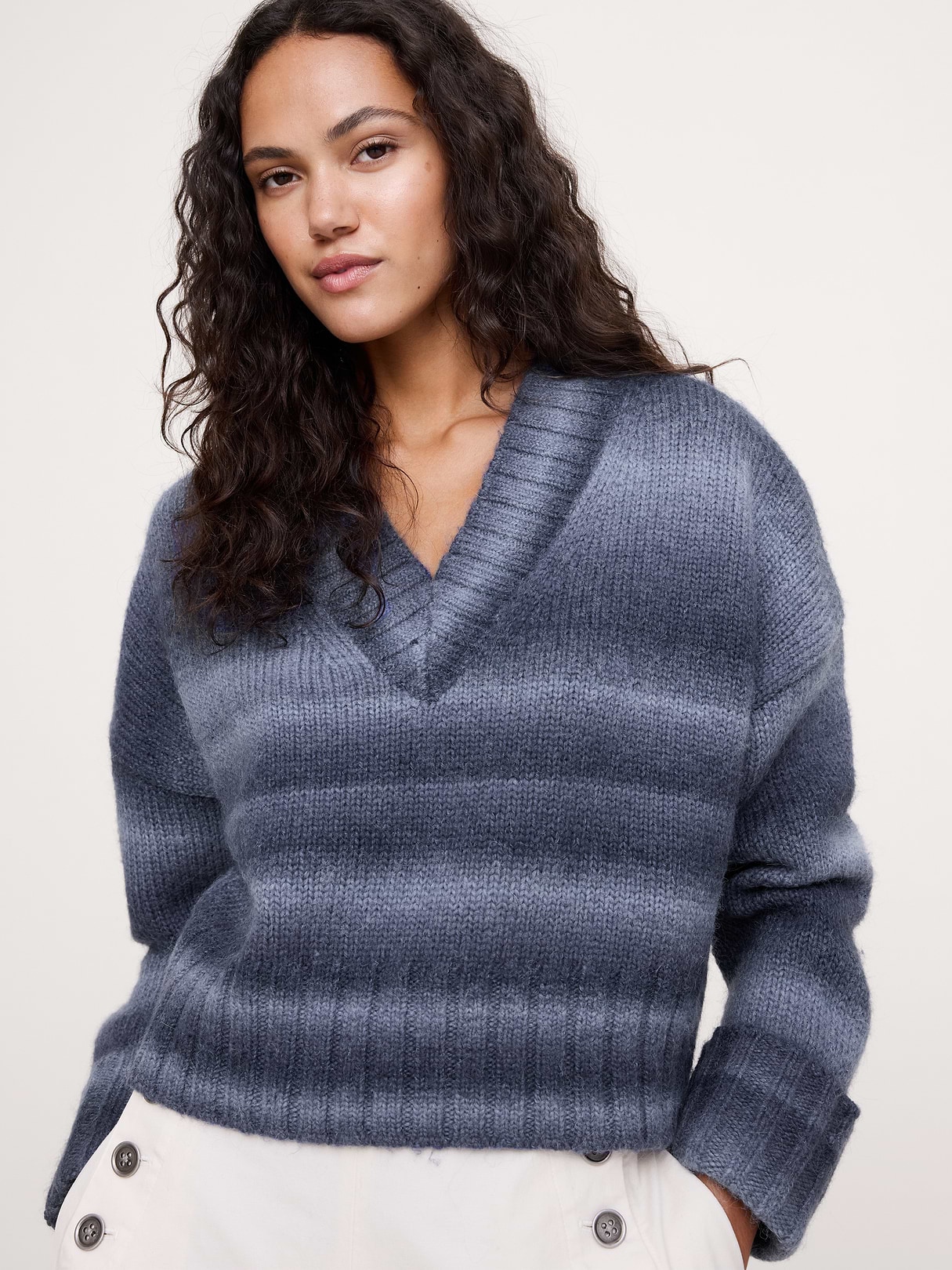 Banana Republic Wool-Alpaca Blend V-Neck Sweater in Blue Multi, image 1 of 1 from Banana Republic (US)