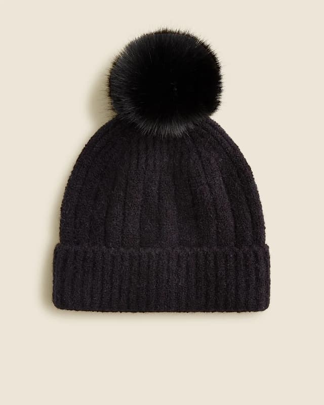J.Crew Ribbed pom-pom beanie in Supersoft yarn in BLACK, image 1 of 1 from J.Crew (Canada)