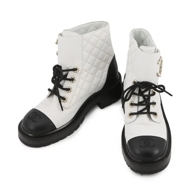 Chanel Short Boots Quilted CC Logo Leather C White Black 36.5 in Black Leather from The Reluxe, photo 1 of 1