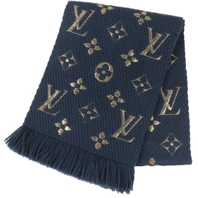 Louis Vuitton Echarpe Logomania Shine Wool Silk Fringe Scarf Navy Gold in Navy Silk from The Reluxe, photo 1 of 1