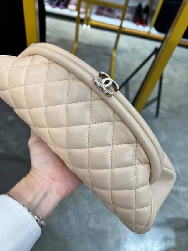 Chanel Beige Lambskin Leather Quilted Timeless Kisslock Clutch in SHW in Beige Lambskin from Luxury Promise, photo 1 of 1