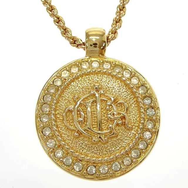 Dior Rhinestone Emblem Round Necklace Gold in Gold from The Reluxe, photo 1 of 1