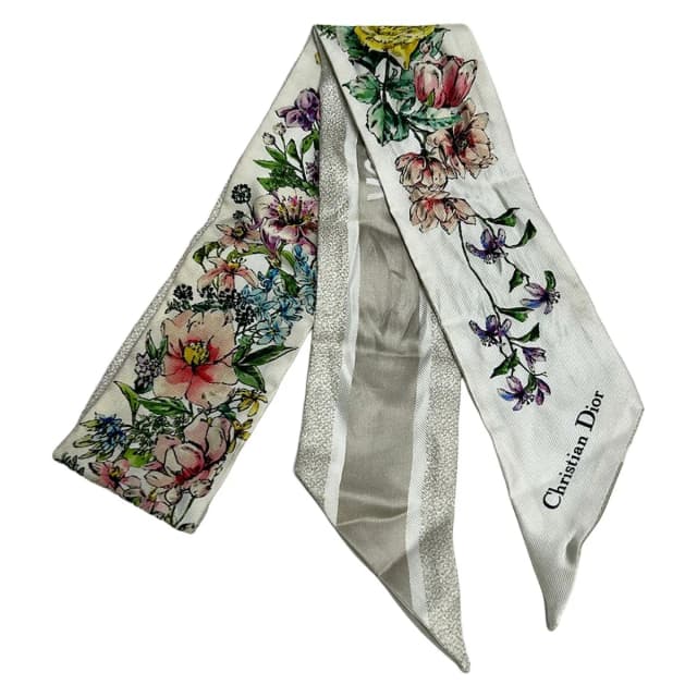 Dior Scarf Ivory Light Pink Multi Ribbon Floral Pattern in White from The Reluxe, photo 1 of 1