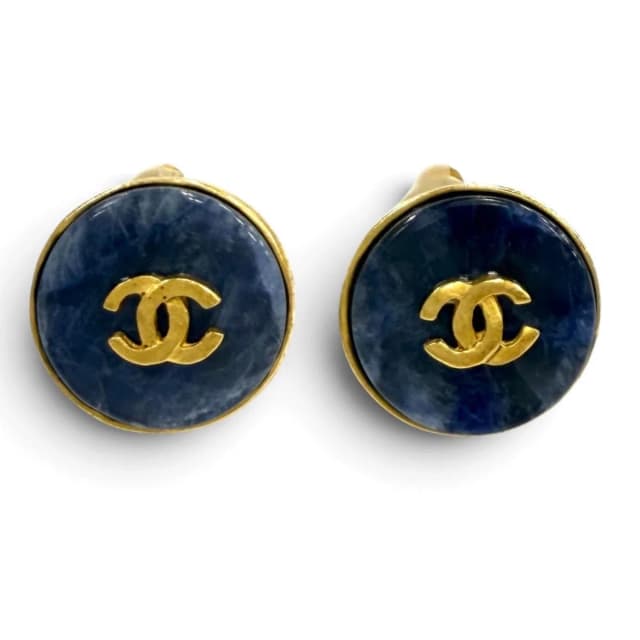 Chanel Vintage 95A CC Logo Blue Marble Earrings Gold in Blue from The Reluxe, photo 1 of 1