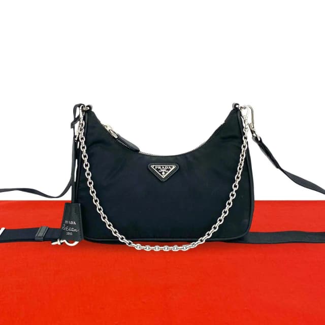 Prada Triangle Logo Tessuto Pocono Nylon Saffiano Leather Chain Shoulder Bag in Saffiano leather from The Reluxe, photo 1 of 1