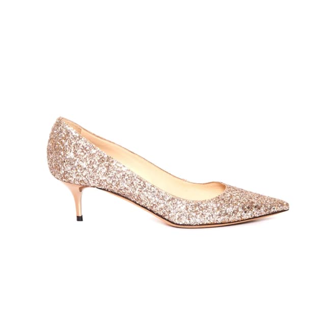 Jimmy Choo Glitter Romy Pumps 38.5 in Gold Leather from Revivre Luxury Consignment, photo 1 of 1